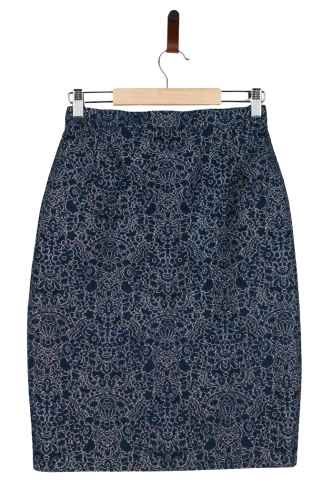 Przejdź do produktu Escada spódnica granatowa 36 ołówkowa srebrna nitka premium elegancka.