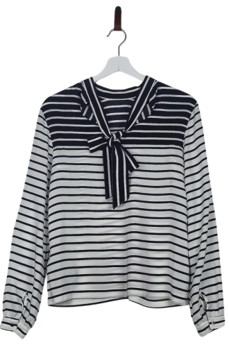 Przejdź do produktu Tommy Hilfiger bluzka damska biało-granatowa wiązana 34 stan bardzo dobry